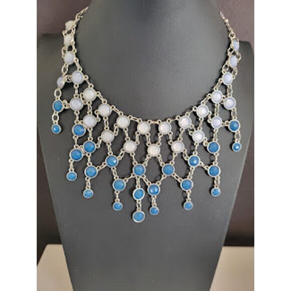 New York & Co Mesh Silver Tone Bib Necklace with Blue Faceted Stones - Picture 1 of 6